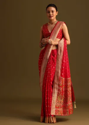 Dola Silk Red Bandhani Saree With Meenakari Border Pallu