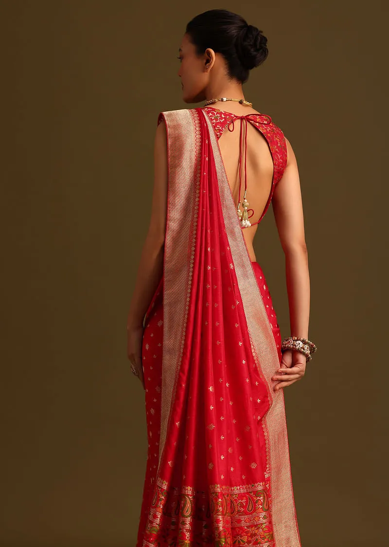 Dola Silk Red Bandhani Saree With Meenakari Border Pallu