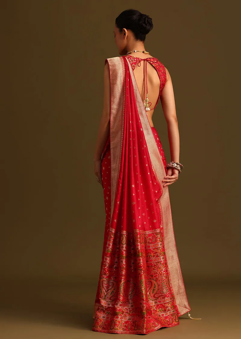 Dola Silk Red Bandhani Saree With Meenakari Border Pallu