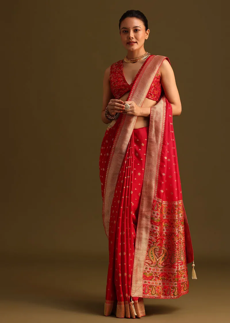 Dola Silk Red Bandhani Saree With Meenakari Border Pallu