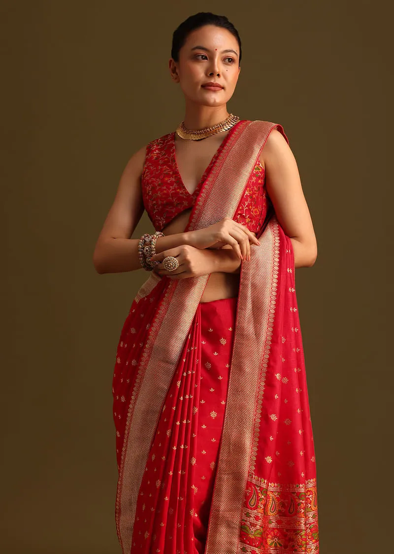 Dola Silk Red Bandhani Saree With Meenakari Border Pallu