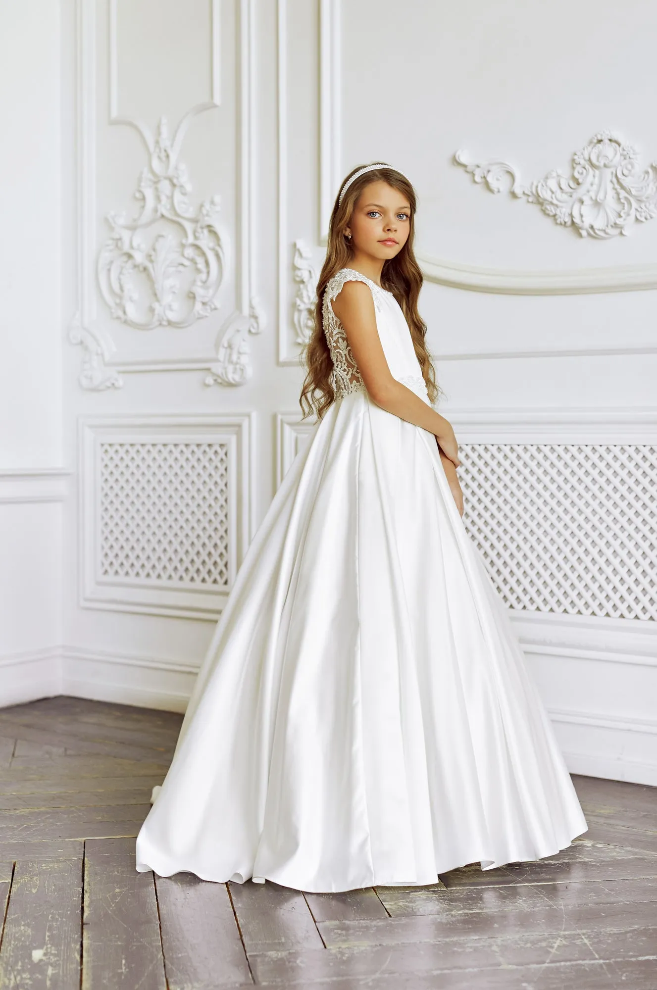 DOVER Holy First Communion Beaded Lace Back Classic Dress