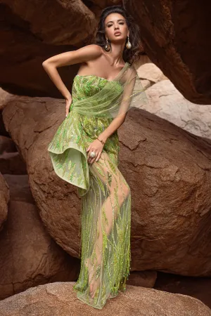 Draped Gown Green Embroidered