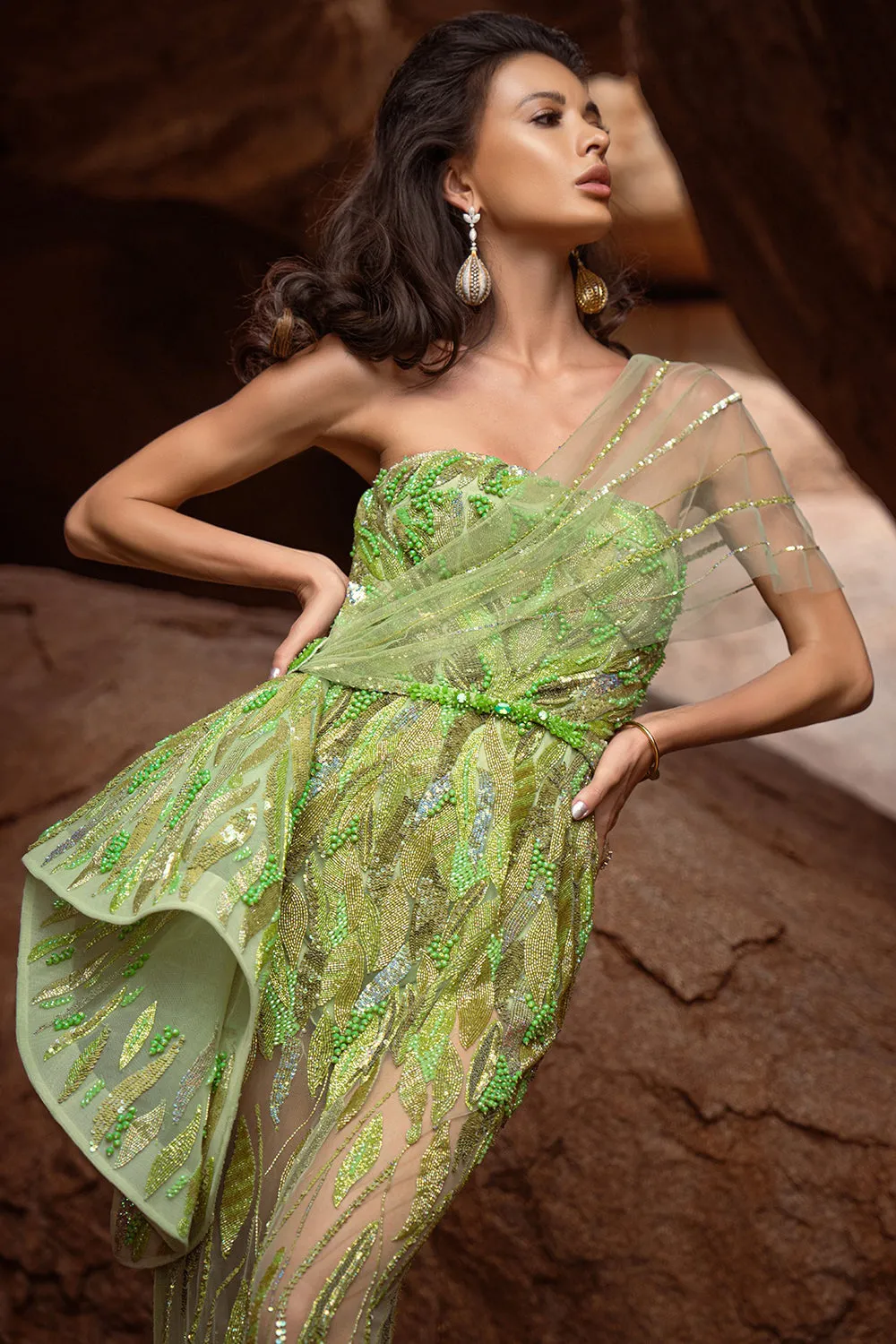 Draped Gown Green Embroidered
