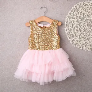 Dresses Baby Children Girl Sequins Backless Bow Gold Lace Tulle Ruffled Party Mini Ball Gown Formal Dress Fashion Girl