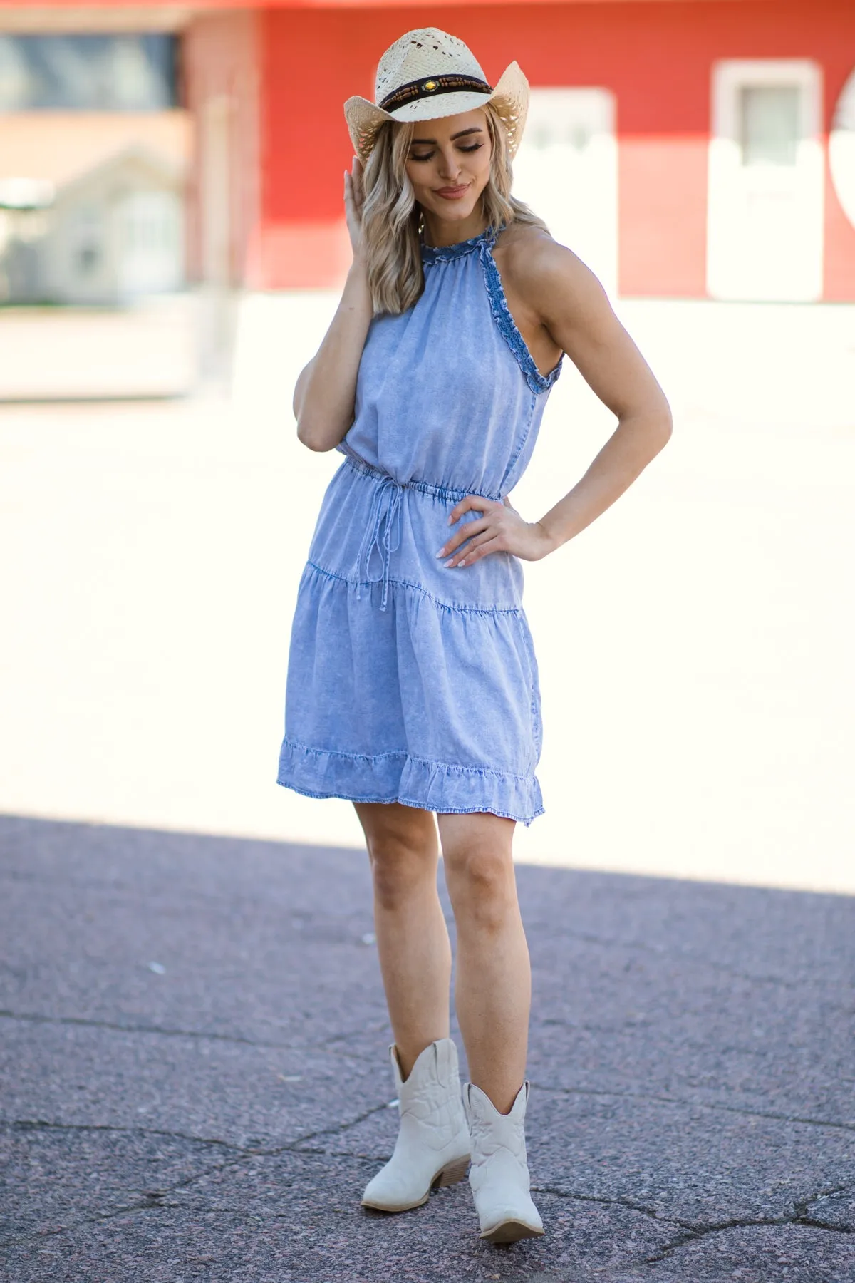 Dusty Blue Bleached Drop Waist Dress