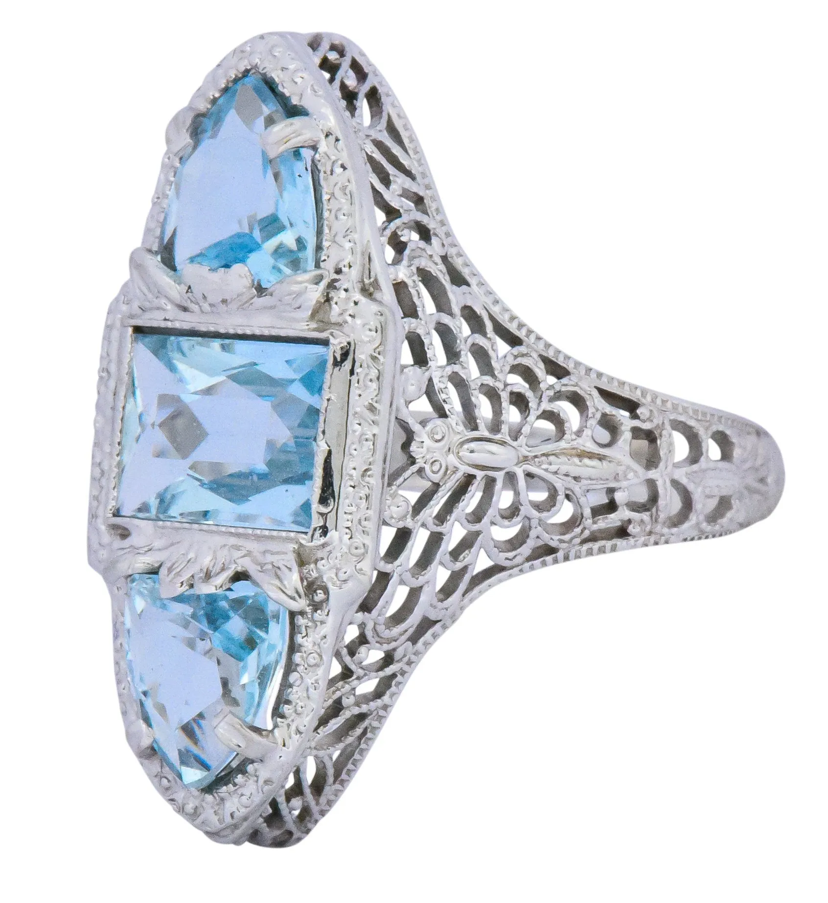 Edwardian 1.75 CTW Aquamarine Dragonfly 14 Karat White Gold Cocktail Ring