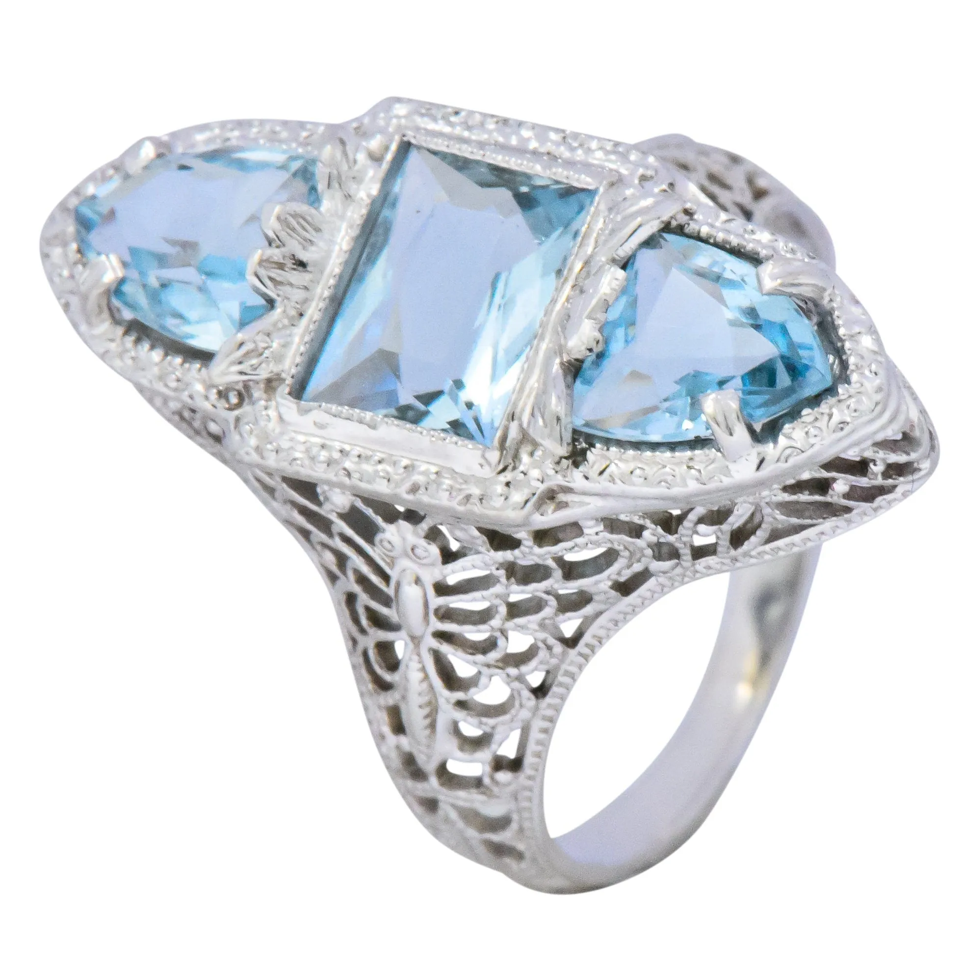 Edwardian 1.75 CTW Aquamarine Dragonfly 14 Karat White Gold Cocktail Ring