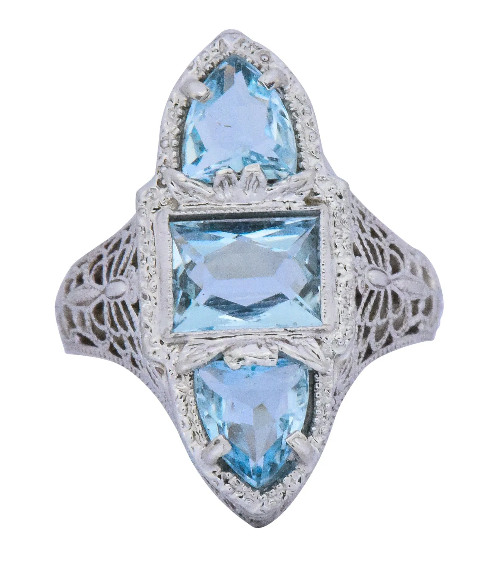 Edwardian 1.75 CTW Aquamarine Dragonfly 14 Karat White Gold Cocktail Ring