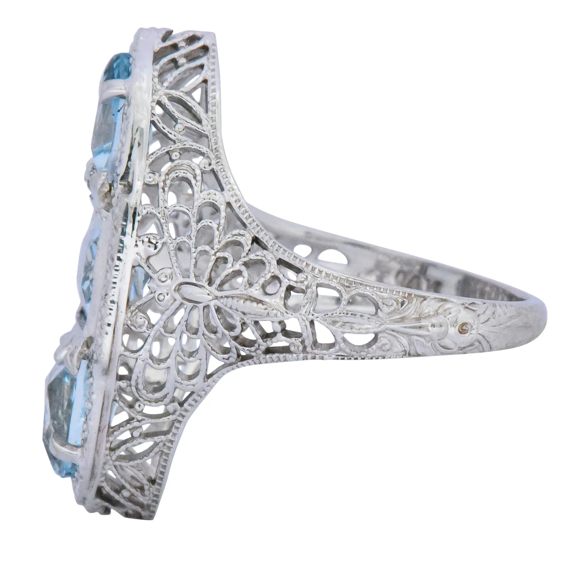 Edwardian 1.75 CTW Aquamarine Dragonfly 14 Karat White Gold Cocktail Ring