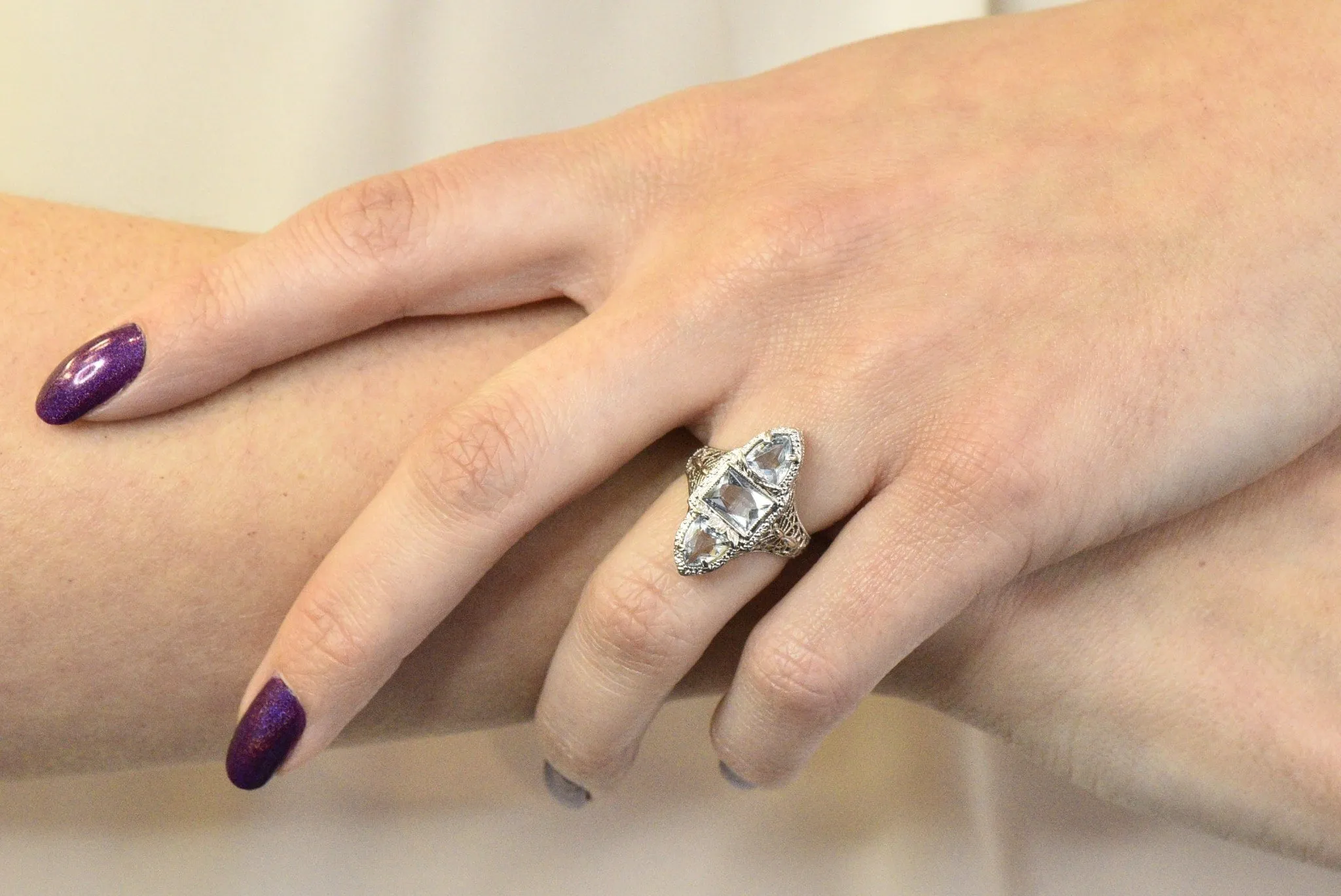 Edwardian 1.75 CTW Aquamarine Dragonfly 14 Karat White Gold Cocktail Ring