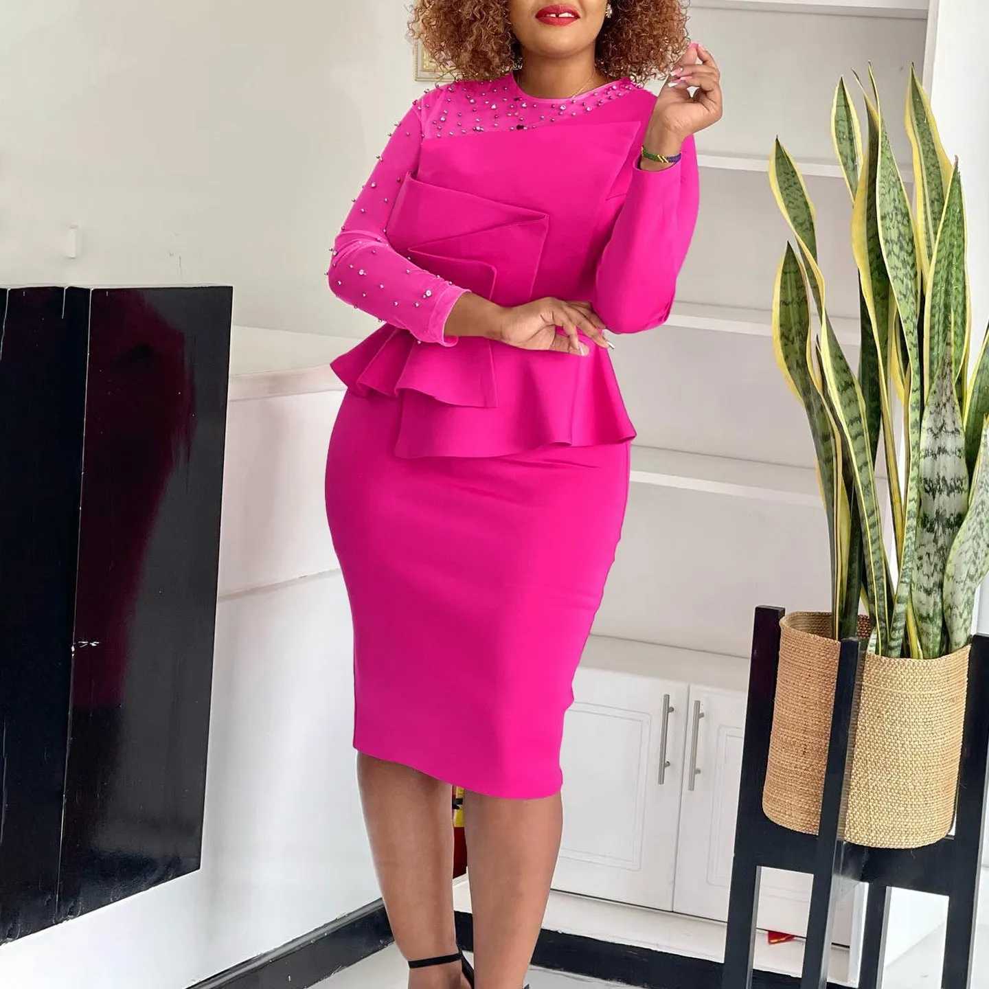 Elegant Beaded Mesh Patchwork Peplum Dress with Long Sleeves