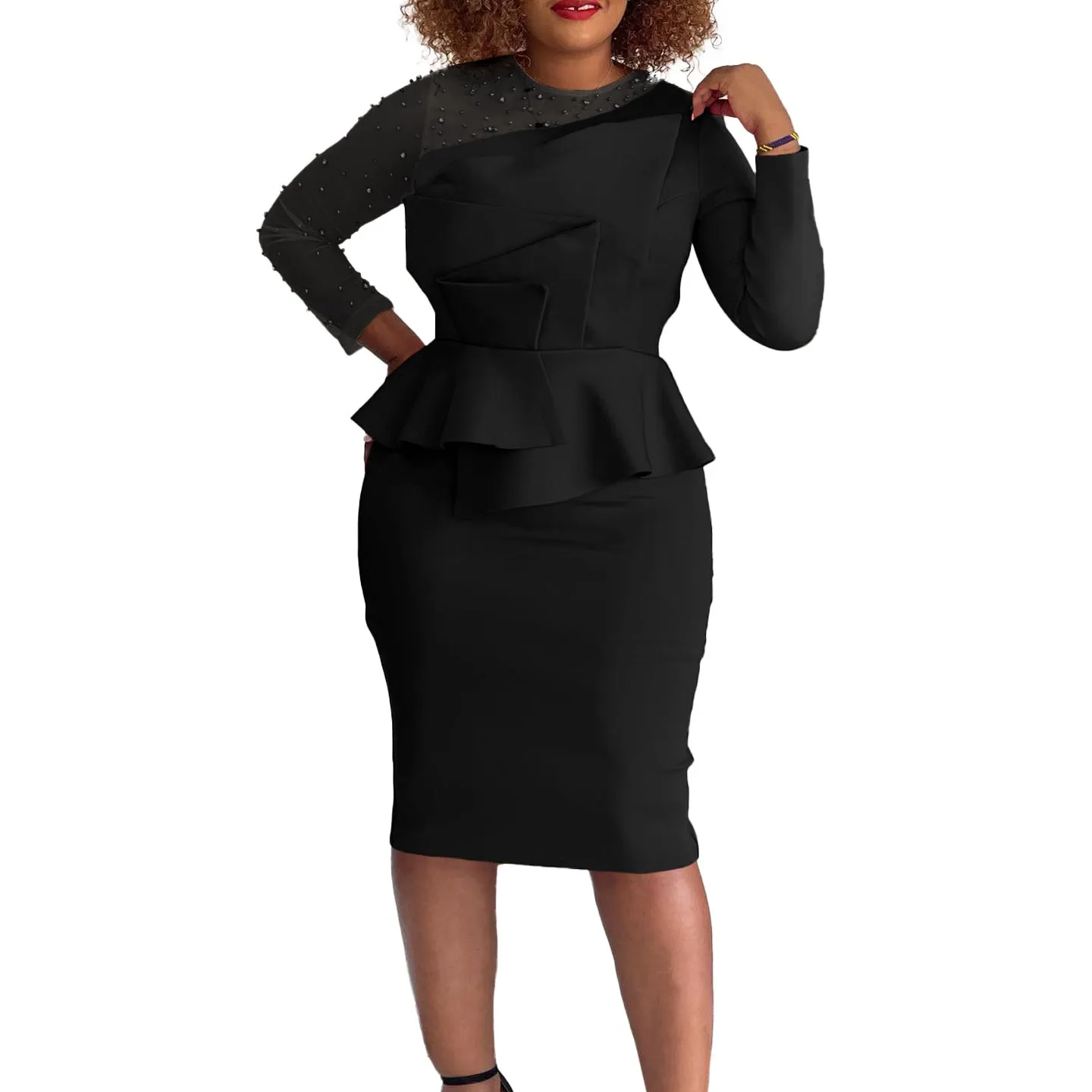 Elegant Beaded Mesh Patchwork Peplum Dress with Long Sleeves