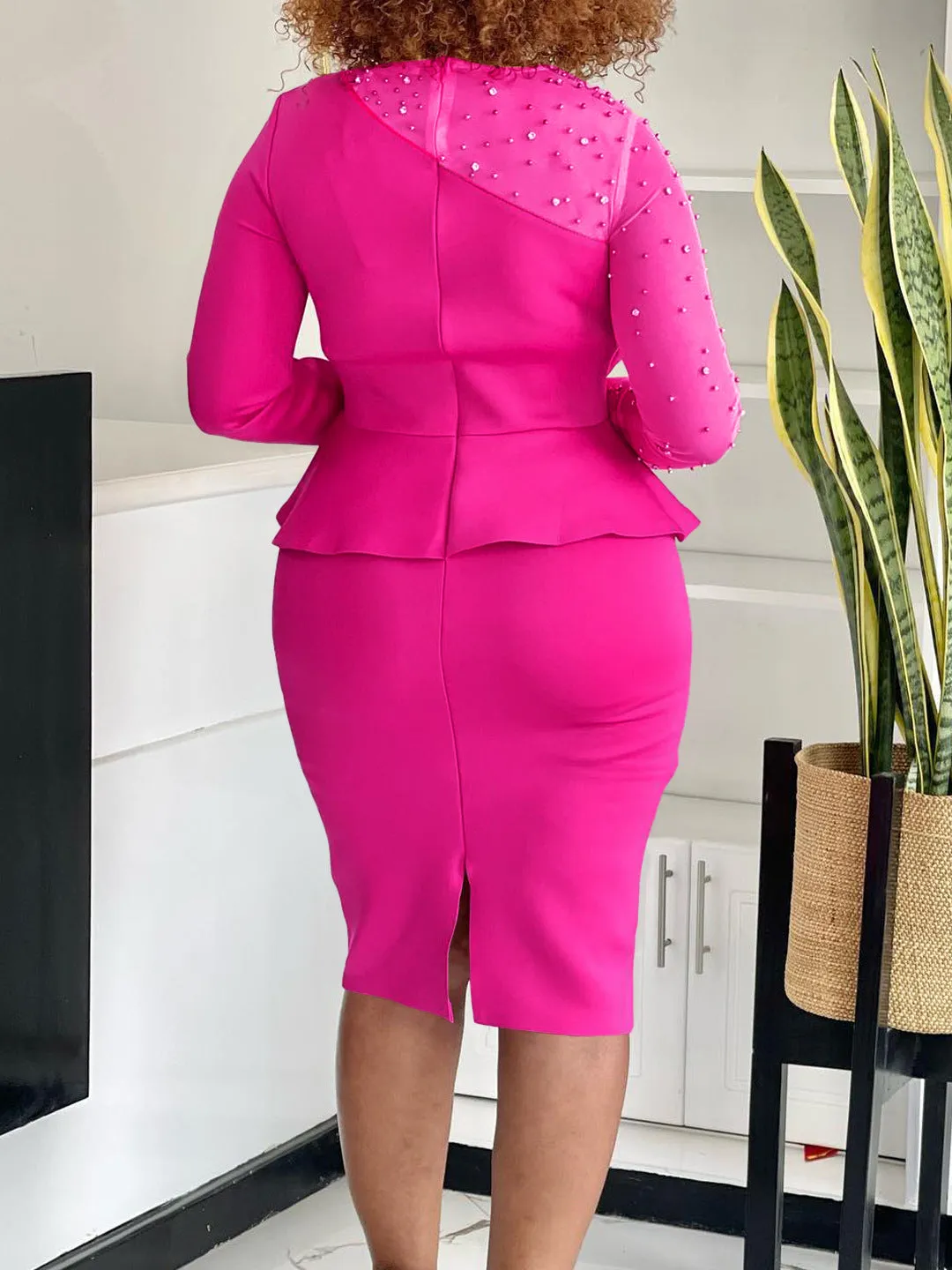 Elegant Beaded Mesh Patchwork Peplum Dress with Long Sleeves