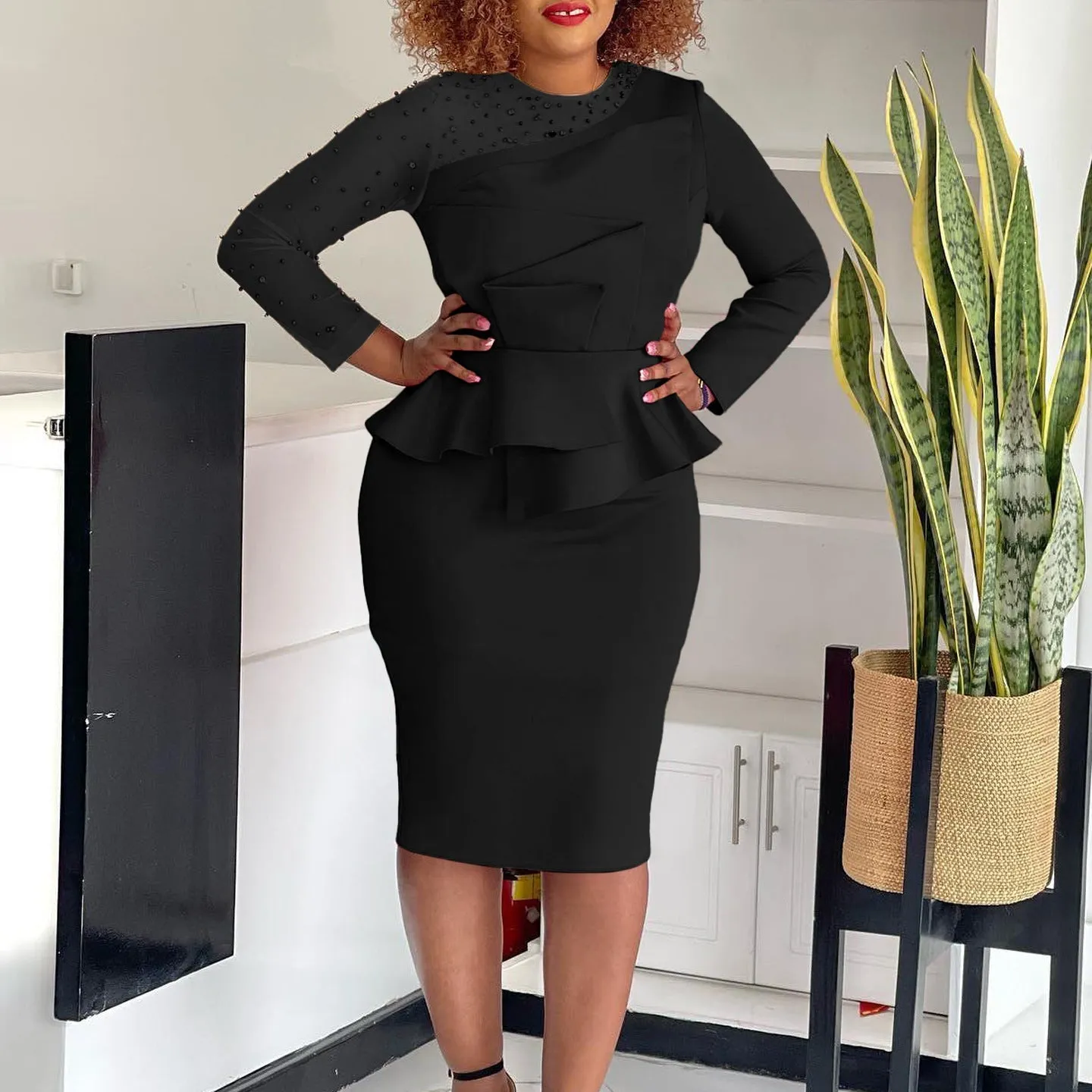 Elegant Beaded Mesh Patchwork Peplum Dress with Long Sleeves