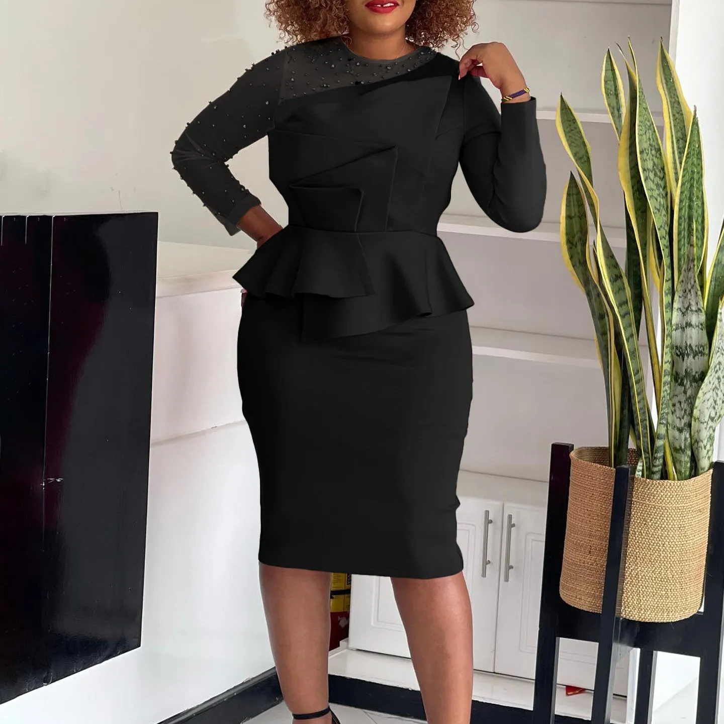 Elegant Beaded Mesh Patchwork Peplum Dress with Long Sleeves