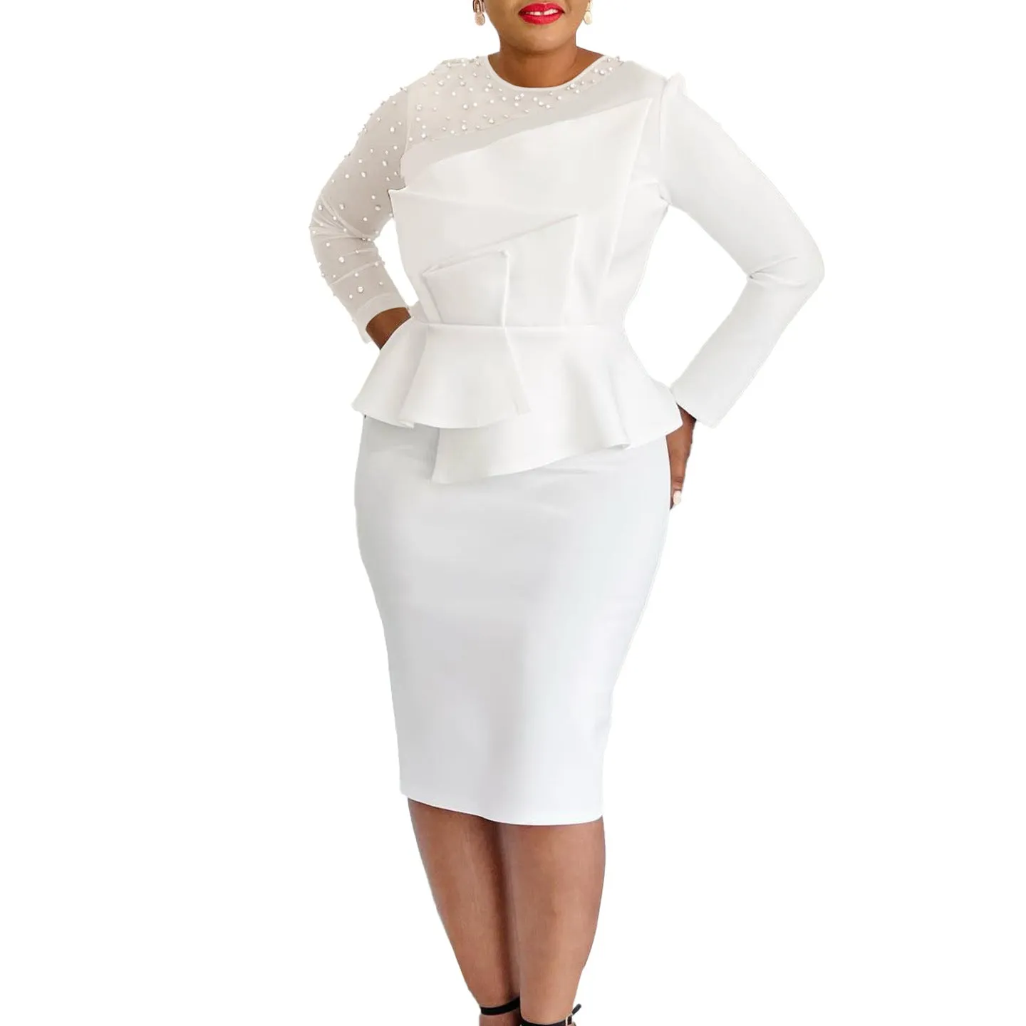 Elegant Beaded Mesh Patchwork Peplum Dress with Long Sleeves