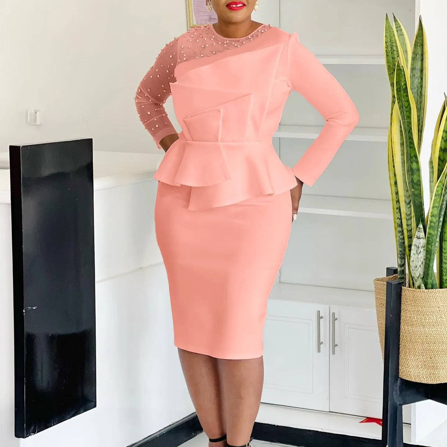 Elegant Beaded Mesh Patchwork Peplum Dress with Long Sleeves
