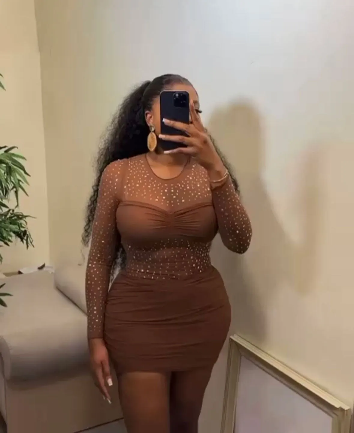 Elegant Beaded See-Through Long Sleeve Bodycon Dress