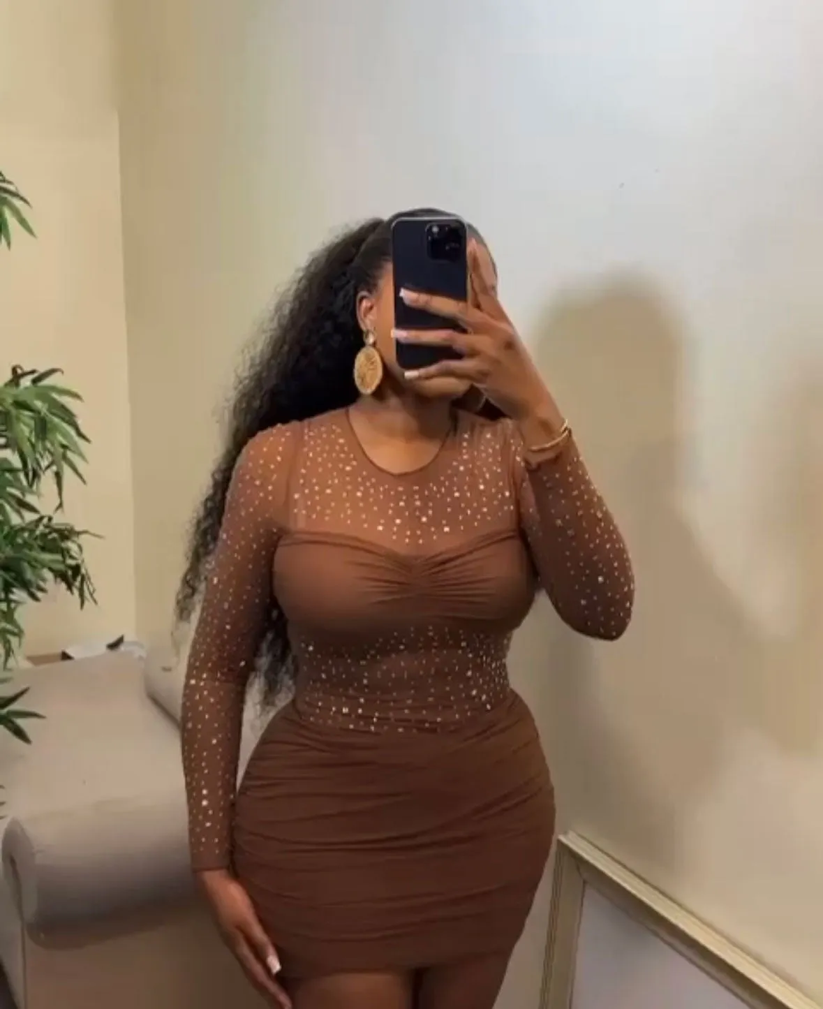 Elegant Beaded See-Through Long Sleeve Bodycon Dress