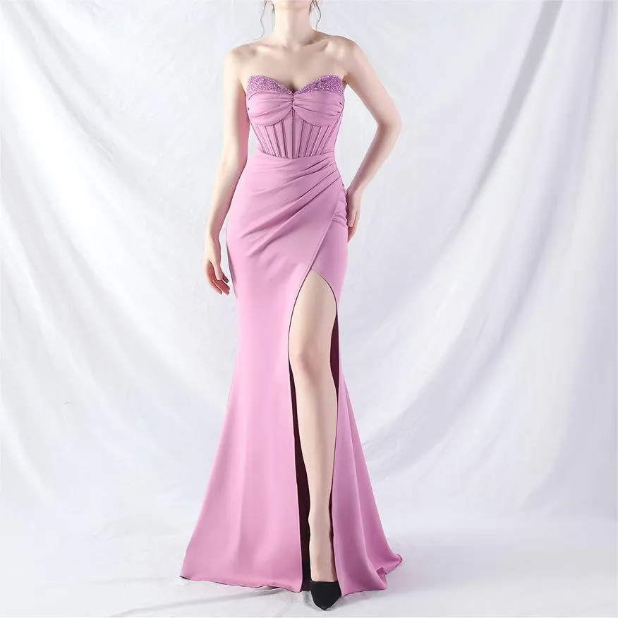 Elegant Beaded Split Rhinestone Evening Dress