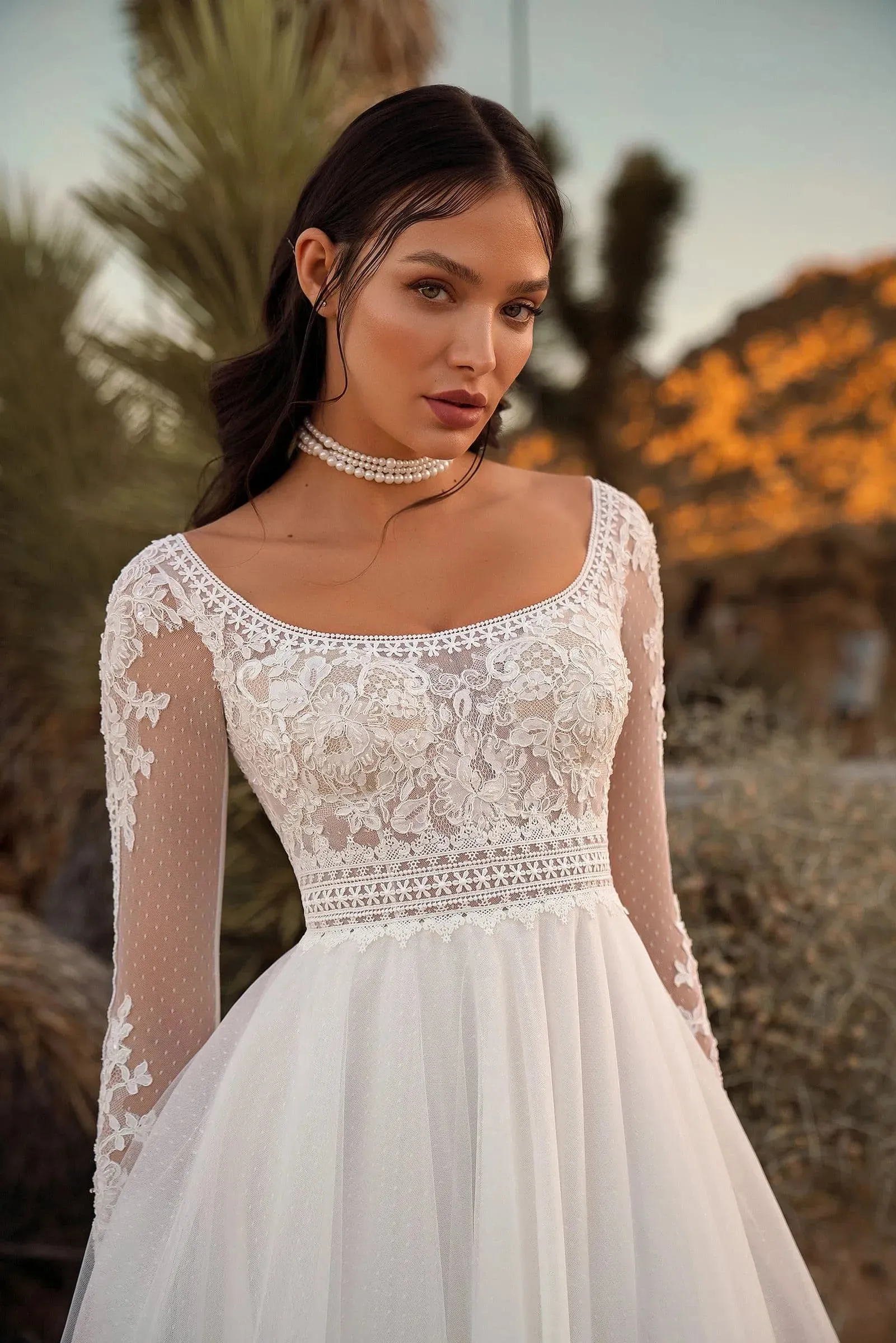 Elegant Bohemian Wedding Dress vestidos de novia Lace Long Sleeve A Line Bridal Dresses Split Appliques Square Neck