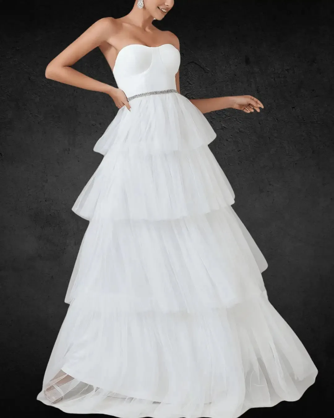 Elegant Designer Wedding Dress with Layered Cake Skirt and Tulle Hem – Unique Bridal Gown