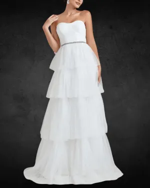 Elegant Designer Wedding Dress with Layered Cake Skirt and Tulle Hem – Unique Bridal Gown