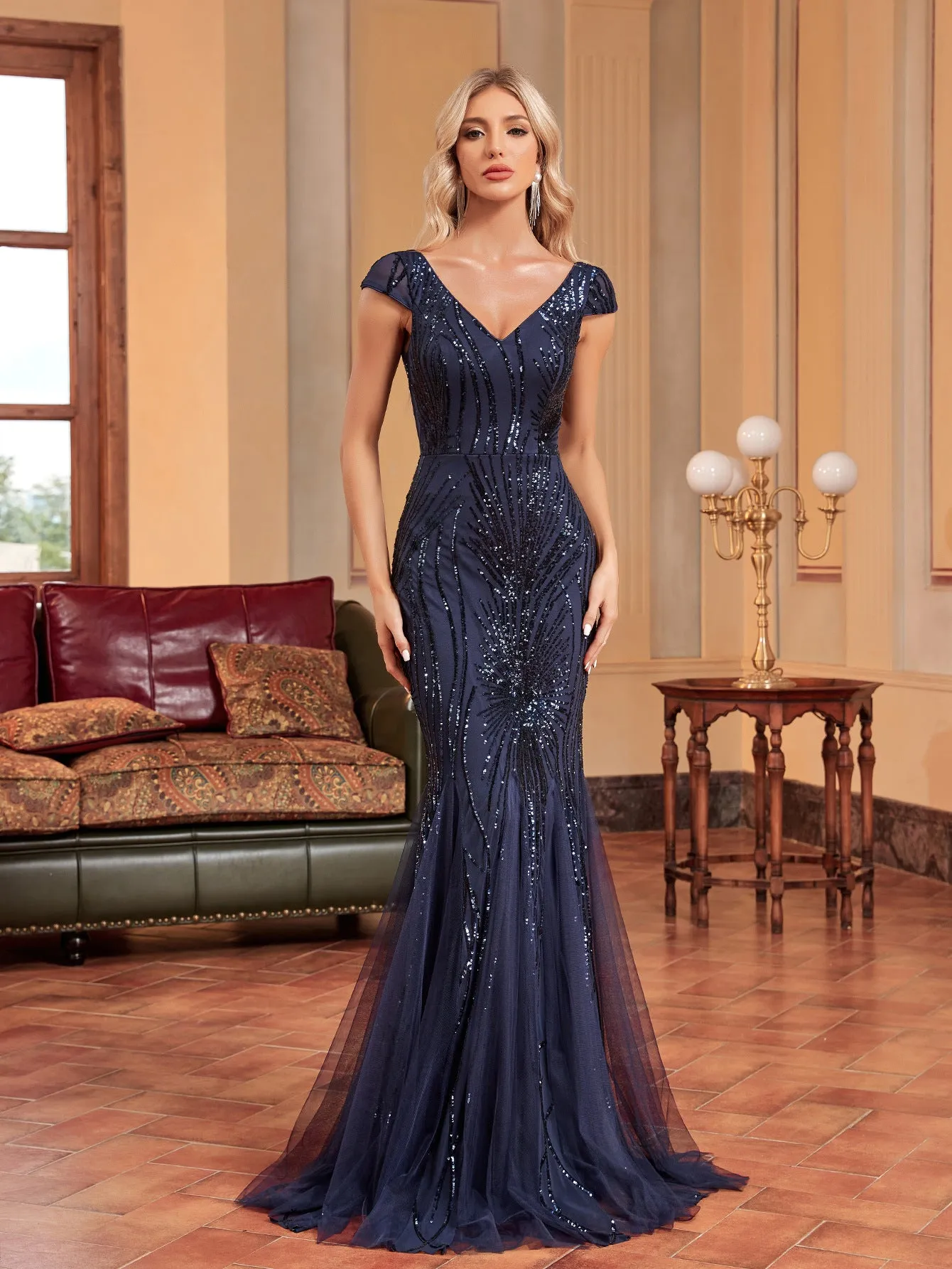 Elegant Green Beaded Long Fishtail Evening Dress