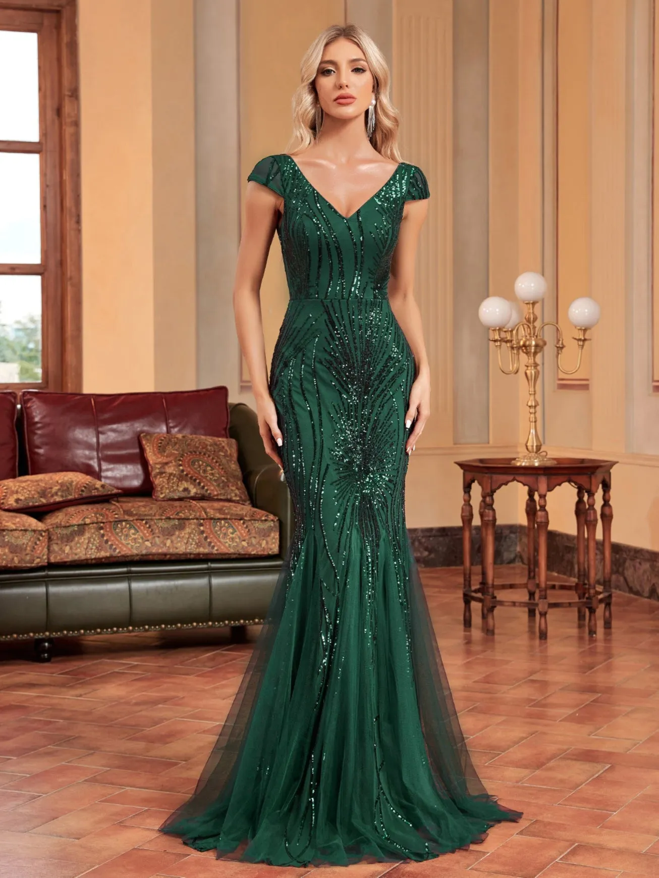 Elegant Green Beaded Long Fishtail Evening Dress