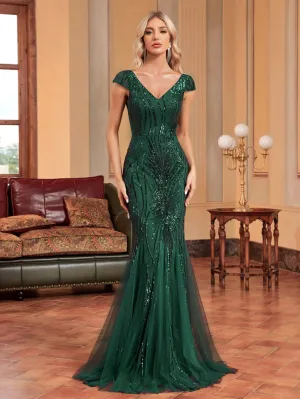 Elegant Green Beaded Long Fishtail Evening Dress