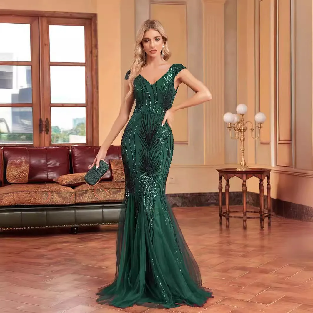 Elegant Green Beaded Long Fishtail Evening Dress