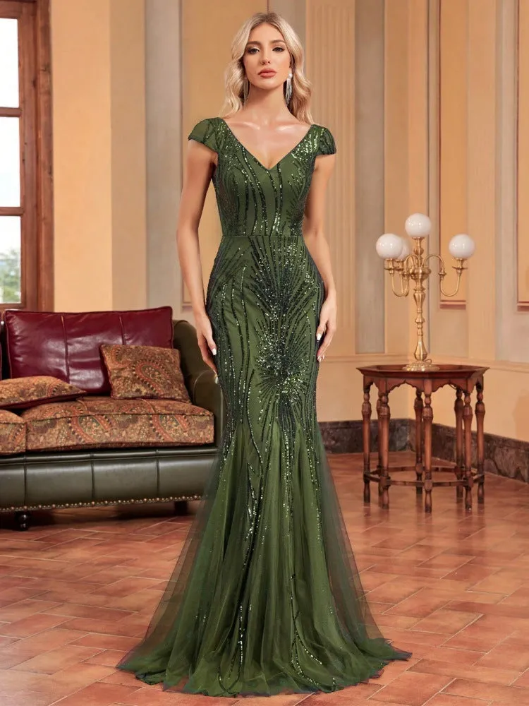 Elegant Green Beaded Long Fishtail Evening Dress