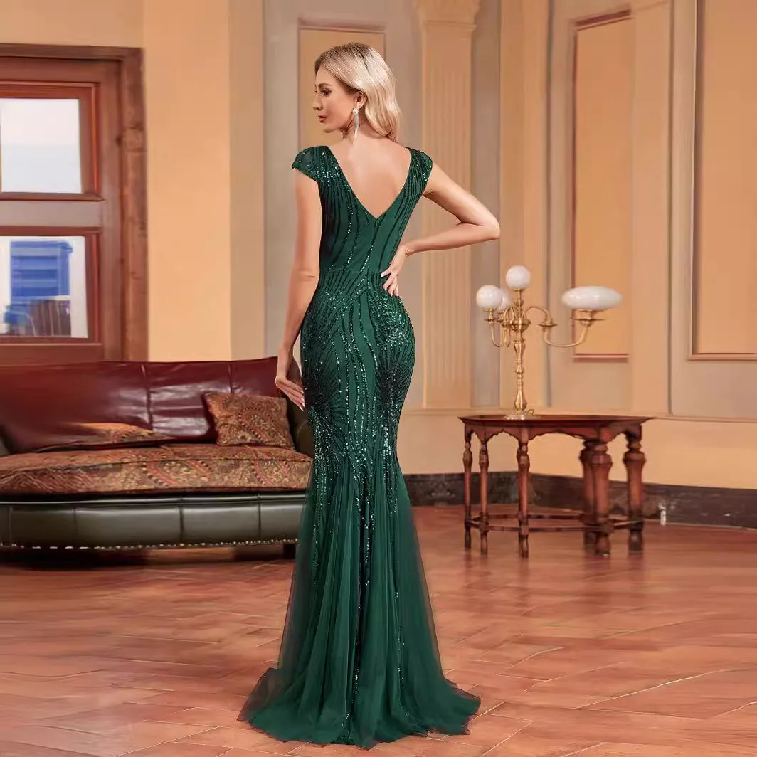 Elegant Green Beaded Long Fishtail Evening Dress