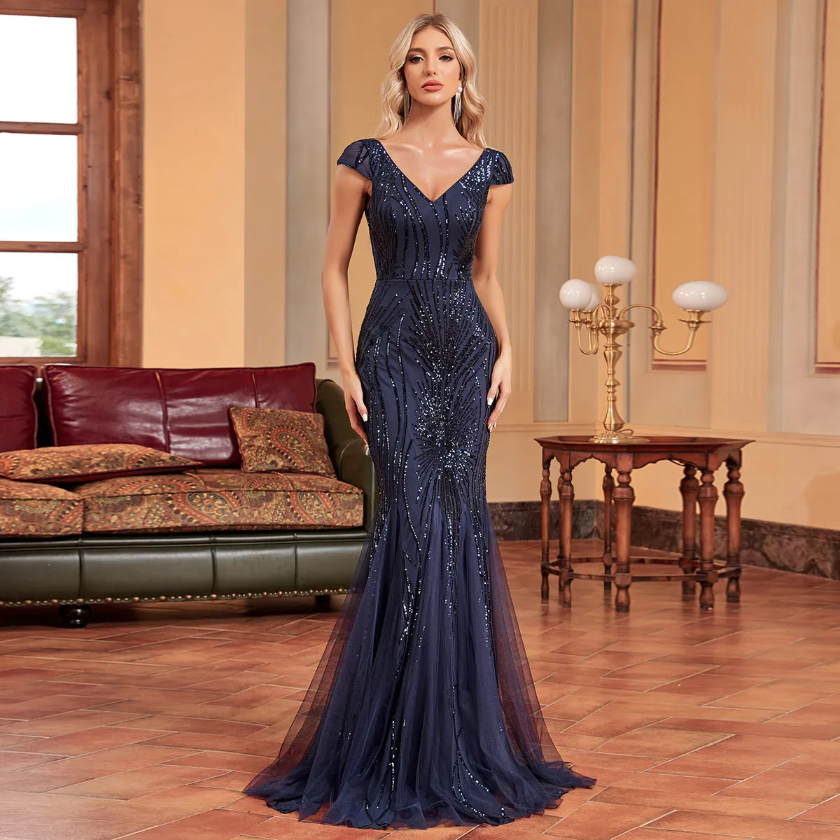 Elegant Green Beaded Long Fishtail Evening Dress