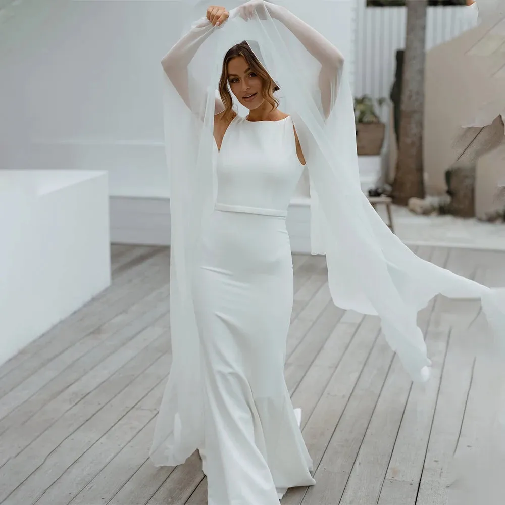 Elegant High Neck Satin Mermaid Wedding Dresses Backless Long Sleeves Rubbon Custom Made Bridal Grown