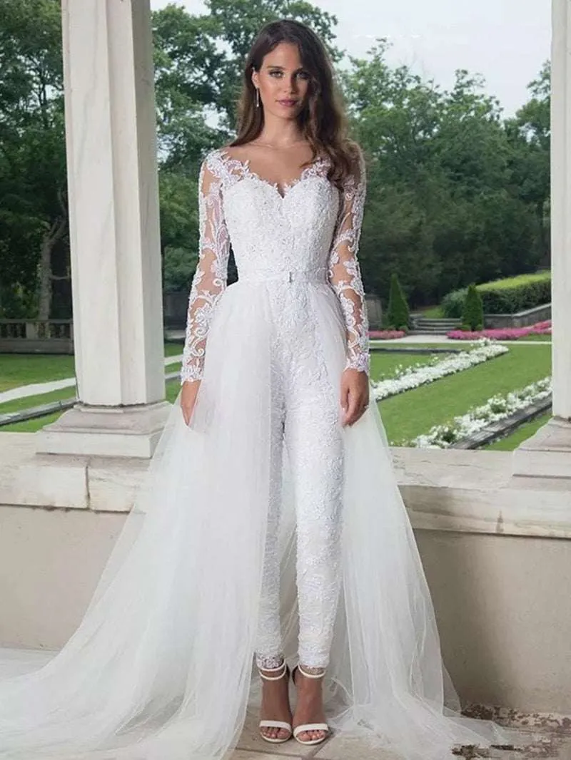 Elegant Long Sleeve Jumpsuit Wedding Dresses With Detachable Train