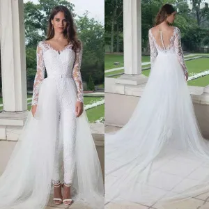 Elegant Long Sleeve Jumpsuit Wedding Dresses With Detachable Train