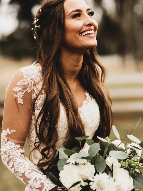 Elegant Mermaid Wedding Dresses Long Sleeves V-neck Lace Bridal Gowns,MW467