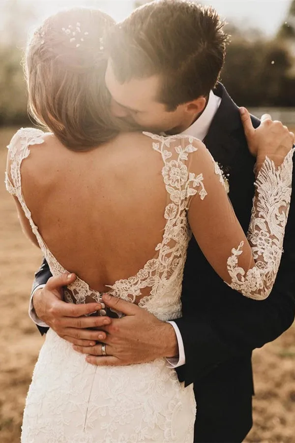 Elegant Mermaid Wedding Dresses Long Sleeves V-neck Lace Bridal Gowns,MW467