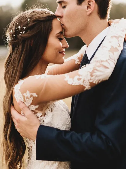 Elegant Mermaid Wedding Dresses Long Sleeves V-neck Lace Bridal Gowns,MW467
