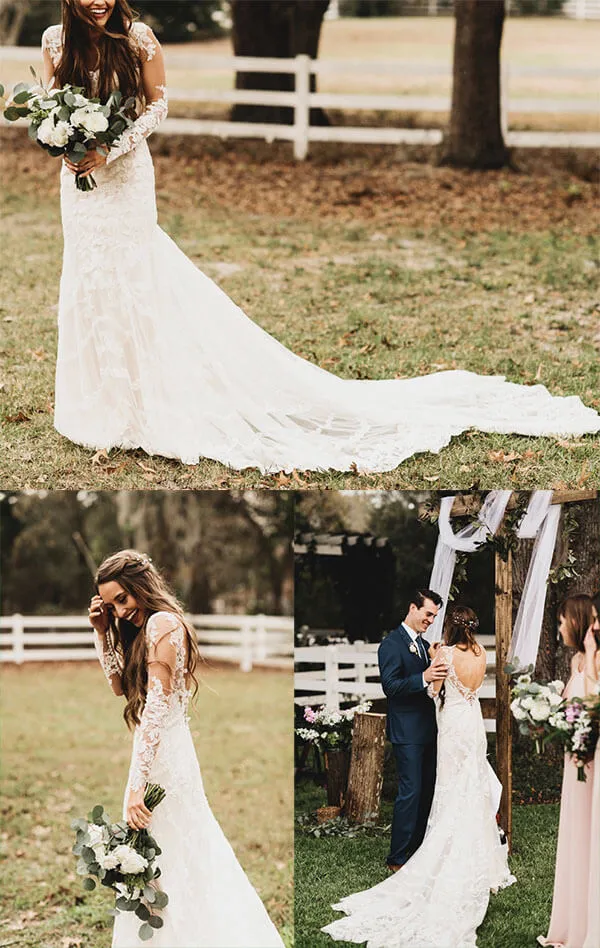 Elegant Mermaid Wedding Dresses Long Sleeves V-neck Lace Bridal Gowns,MW467