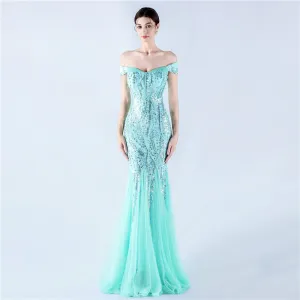 Elegant Off Shoulder Beaded Mesh Sequin Evening Dress