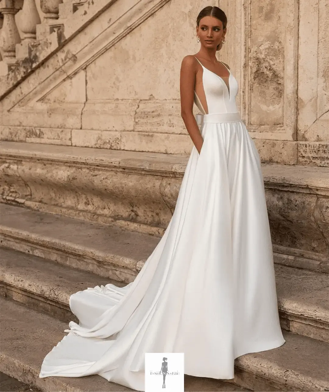 Elegant Satin V-Neck Wedding Dresses With Pockets