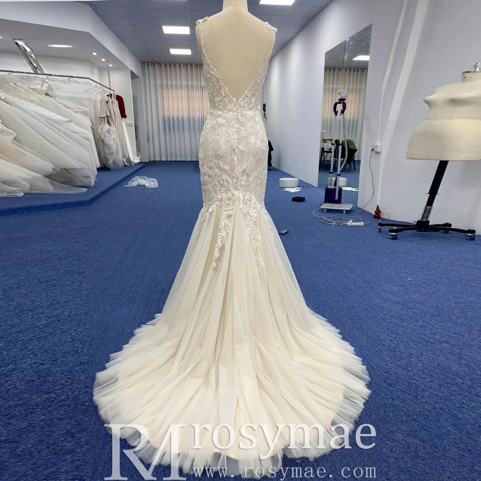 Elegant Spaghetti Strap Mermaid Tulle Lace Wedding Dress