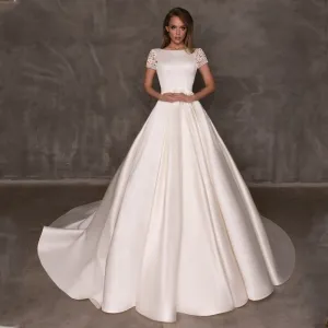 Elegant Wedding Dress with Pockets Satin Wedding Dress with Short Lace Sleeve A-Line Bridal Gown 2019 Hot Sale
