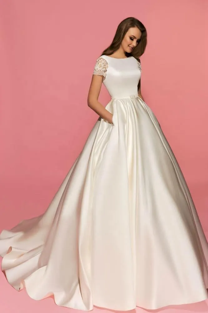Elegant Wedding Dress with Pockets Satin Wedding Dress with Short Lace Sleeve A-Line Bridal Gown 2019 Hot Sale