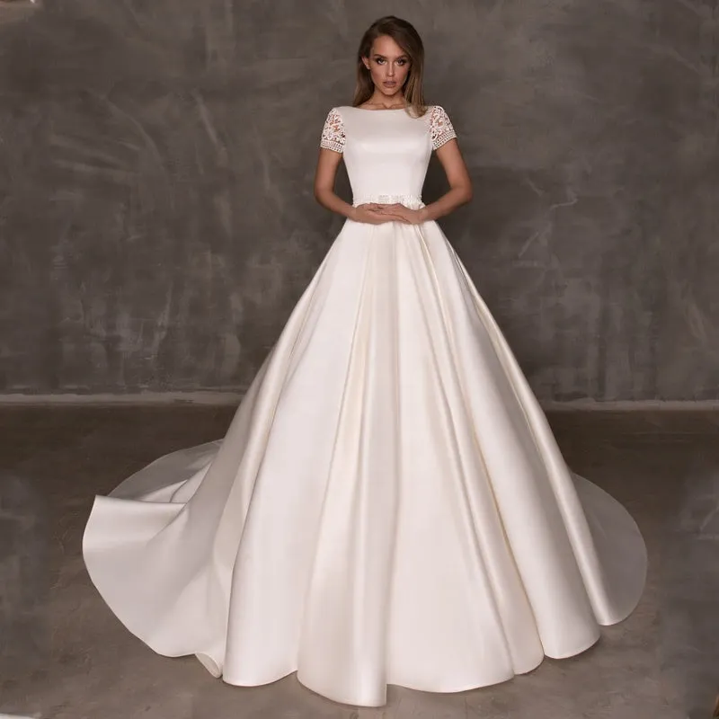 Elegant Wedding Dress with Pockets Satin Wedding Dress with Short Lace Sleeve A-Line Bridal Gown 2019 Hot Sale