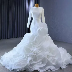 Elegant White Mermaid Ruffle Wedding Dress with Long Sleeves