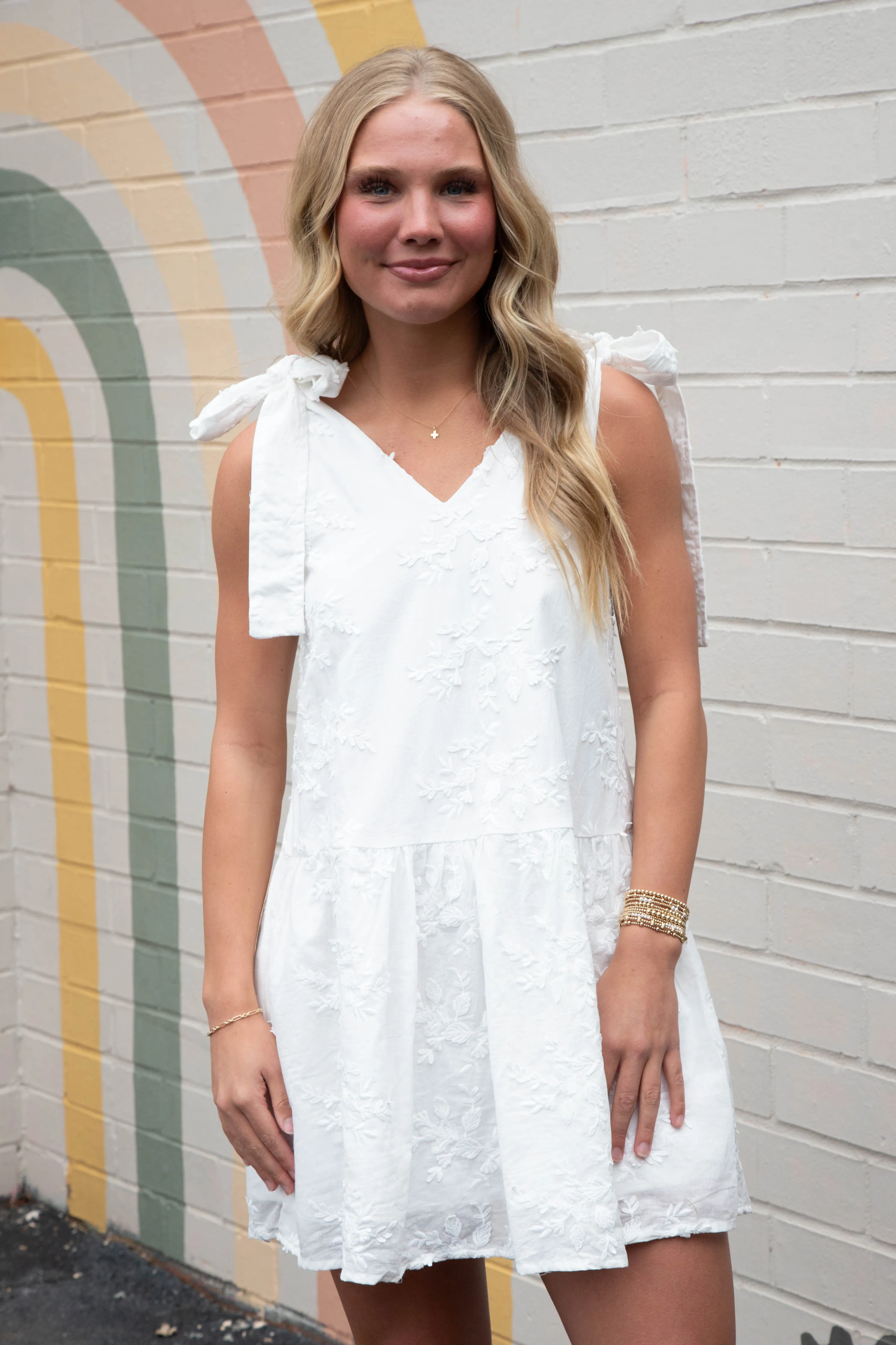 Elianna Embroidered Peplum Hem Dress, Off White
